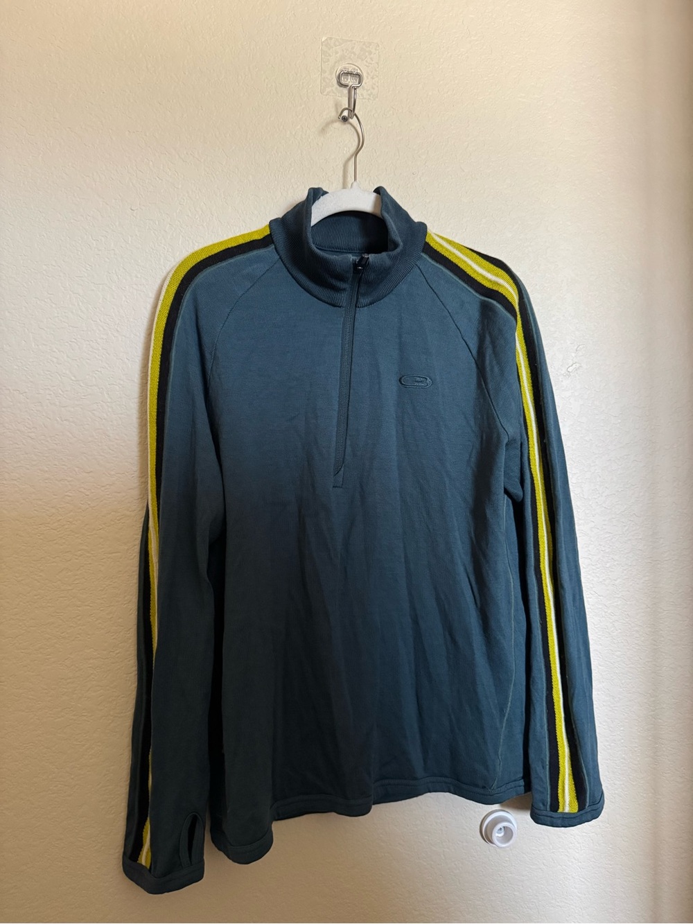 Icebreaker Merino Wool Stripe Quarter-Zip Sweater Sz M Mens Green Layer Ski Hike